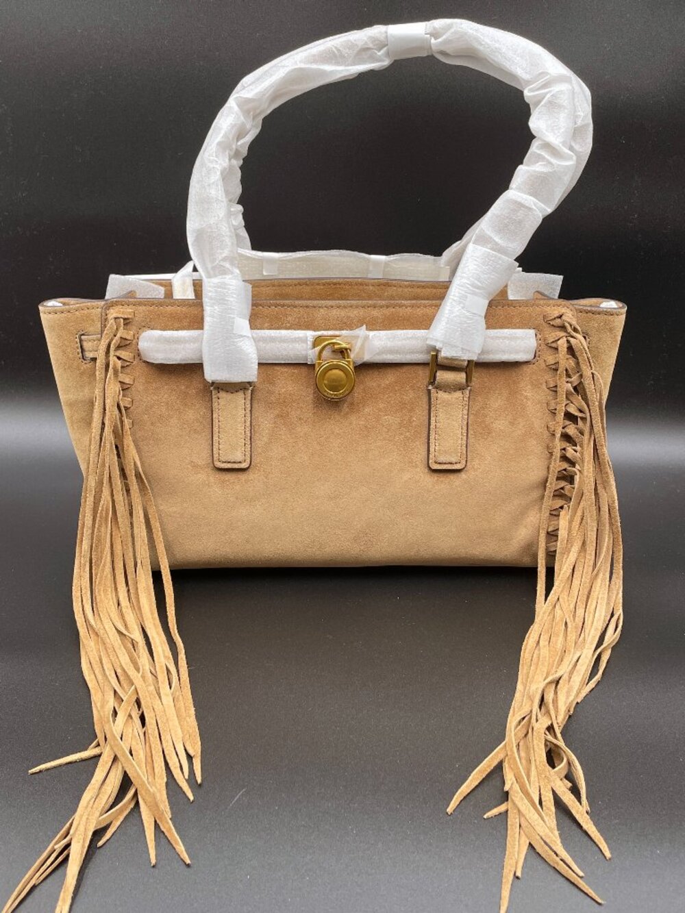 NWT Michael Kors Hamilton Moderne SM EW Suede Fringe Tote Bag Husk $358